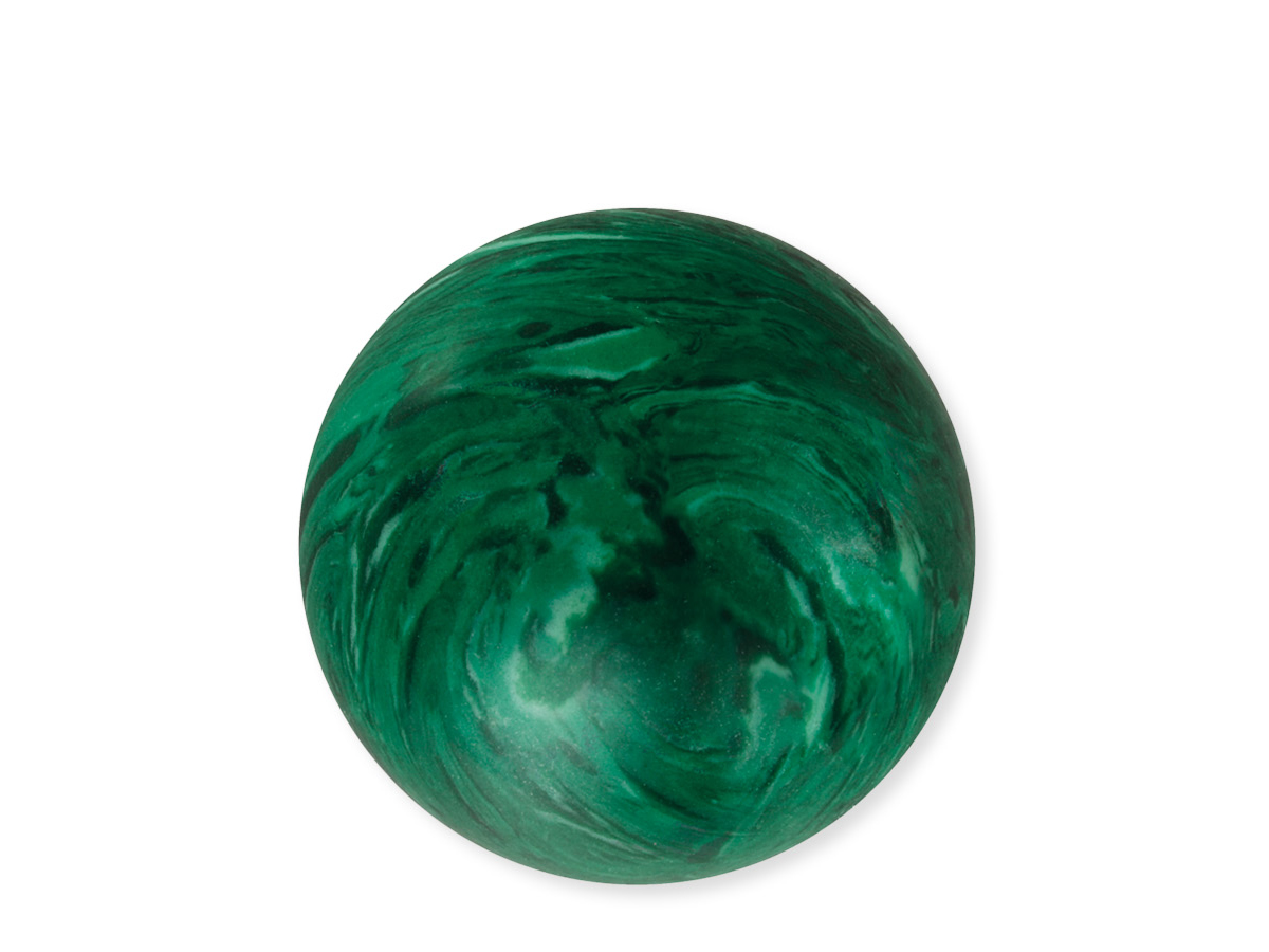 Kraftstein Malachit in Form einer glatten, grünen Kugel mit einer Größe von 12 mm, präsentiert sich mit einer natürlichen, marmorierten Oberfläche und glänzenden Akzenten.