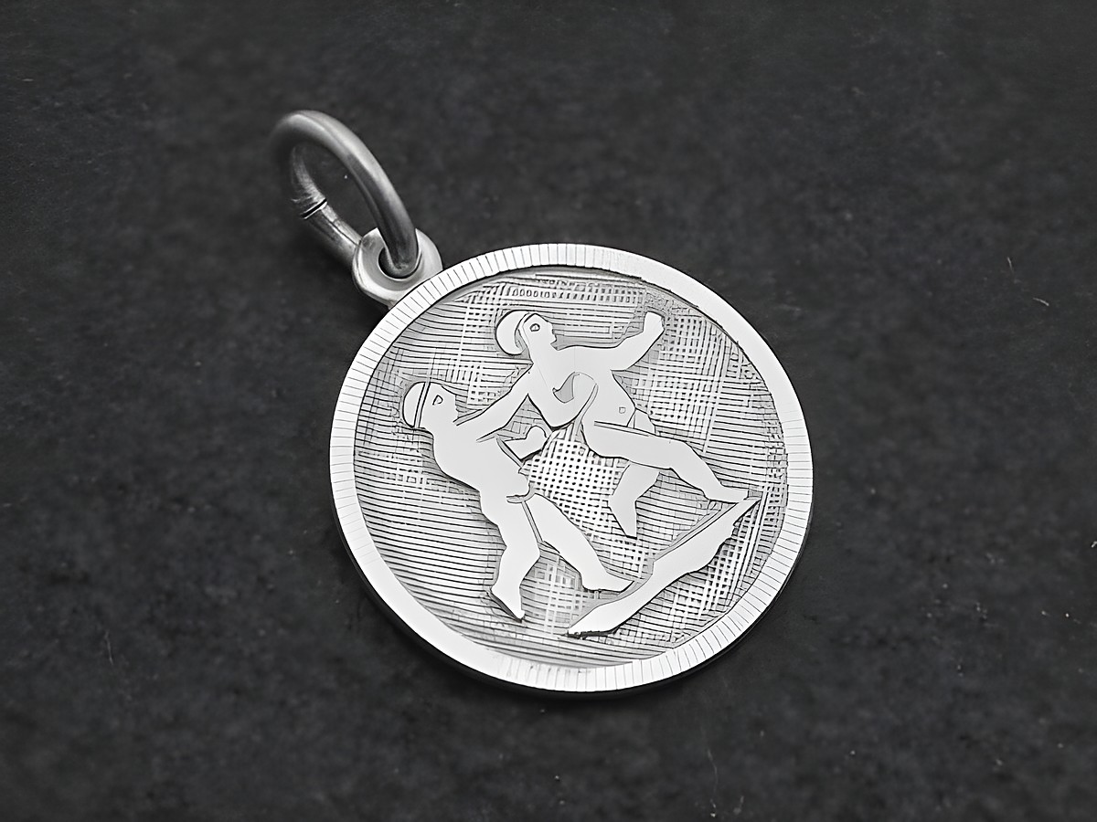 Runder 3D-Silberanhänger mit dem Sternzeichen Zwillinge, gefertigt vom Juwelier Harnisch, zeigt zwei stilisierte Figuren in dynamischer Pose auf strukturiertem Hintergrund.