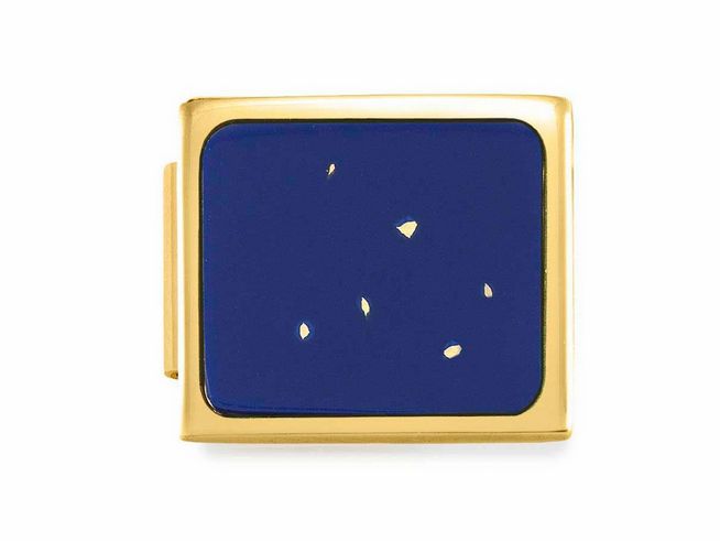 Nomination Classic GLAM Link Edelstahl Gelbgold mit Lapis Stein in rechteckiger Form, farbiger Hintergrund mit goldenen Einschlüsse, elegantes Charm für stilvollen Schmuck.