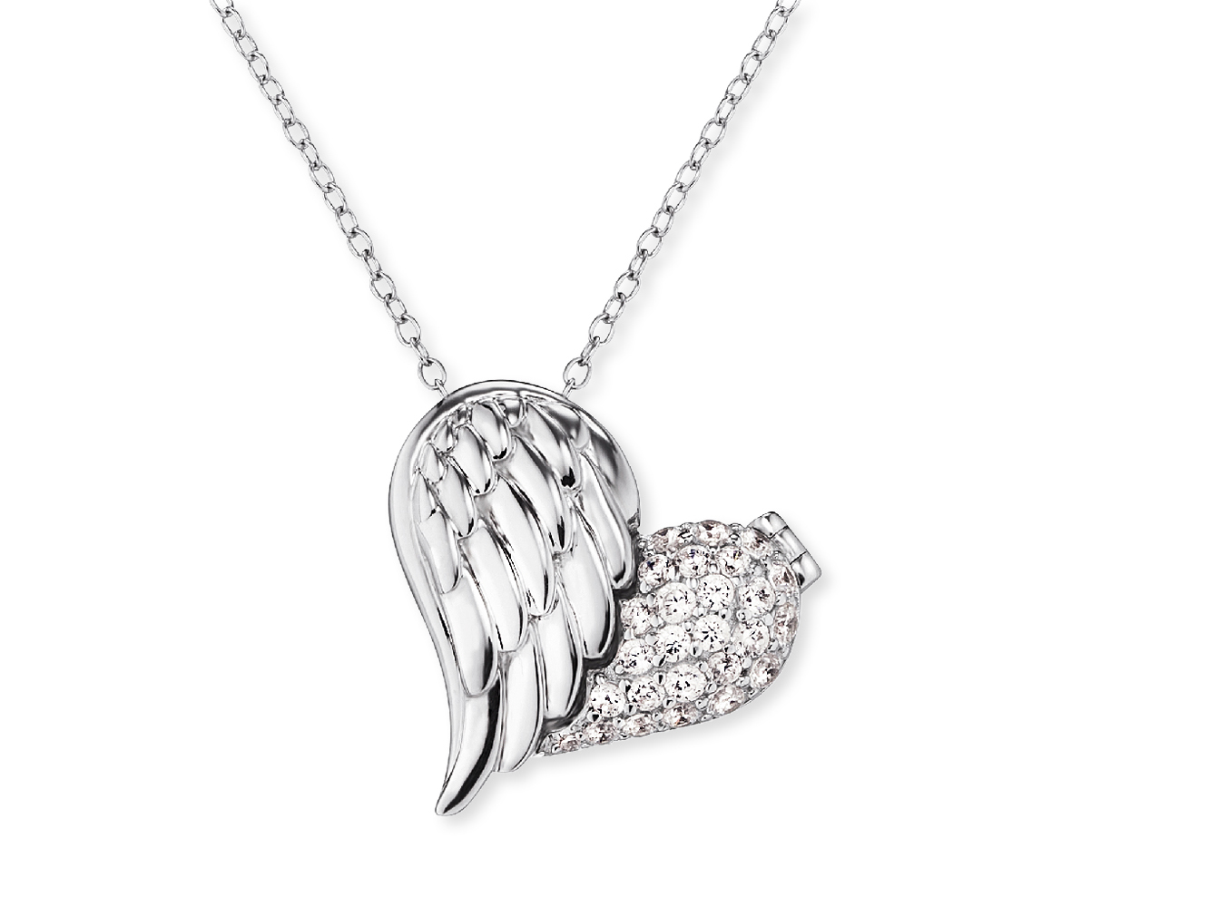 Silberne Kette mit Anhänger in Herzform, verziert mit glitzernden Zirkonia-Steinen und einem Flügel-Design, geeignet für jeden Anlass.