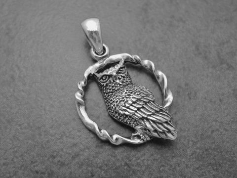 Anhänger Eule - Kauz mit Bogen - Silber. Detailliert gestalteter Eulenanhänger in einem runden Rahmen, ideal als tierisches Schmuckstück von Juwelier Harnisch.