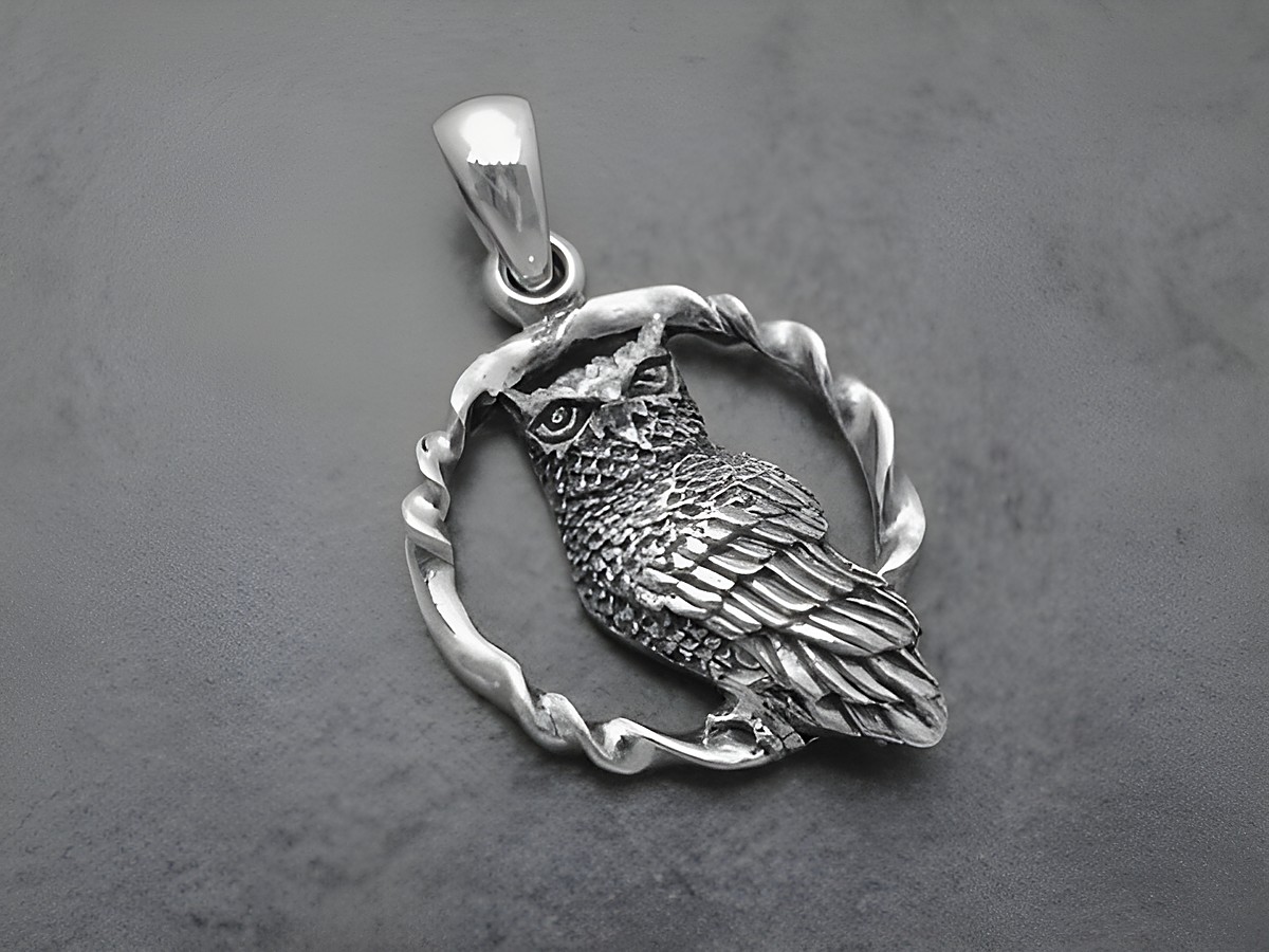 Anhänger Eule - Kauz mit Bogen - Silber. Detailliert gestalteter Eulenanhänger in einem runden Rahmen, ideal als tierisches Schmuckstück von Juwelier Harnisch.
