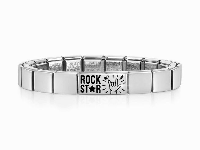 423910121-0 Edelstahlarmband von Nomination in Silber mit dem Schriftzug Rock Star und einem rockigen Handzeichen, Modell Classic GLAM Double Link Rock Star, Artikelnummer 239101 21.