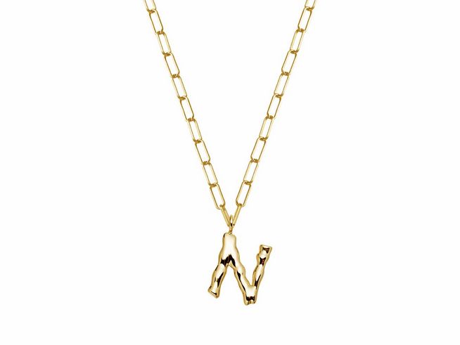 Xenox Sterling Silber Kette in Gelbgold Vergoldung mit einem stilisierten Buchstaben N, 45 cm lang, modernes Design für individuelle Ausdrucksweise.