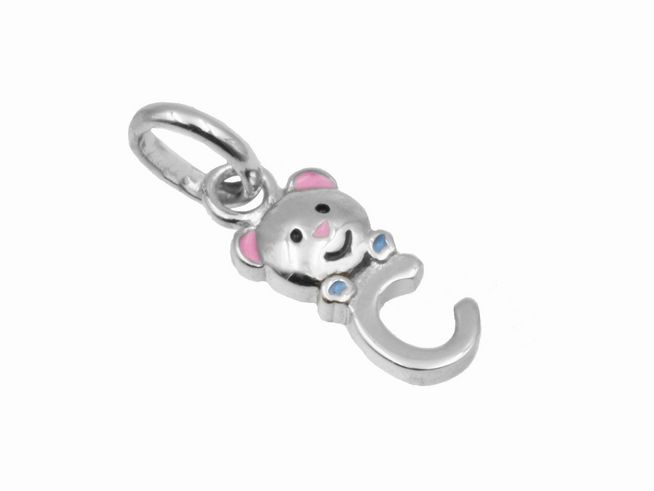 Teddy Anhänger Buchstabe C aus 925 Sterling Silber, poliert und rhodiniert, mit farbigen Akzenten, lächelndes Design, ideal als Schmuckstück oder Geschenk.