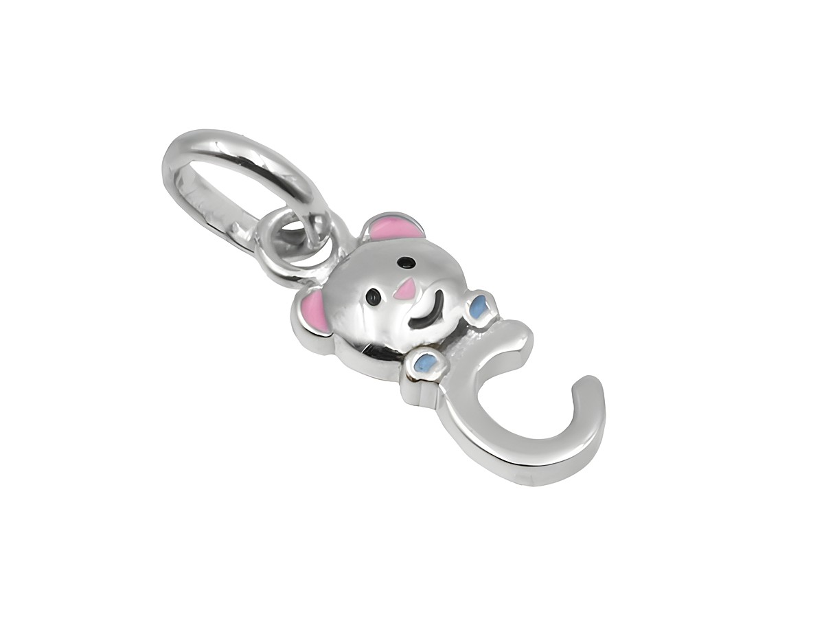 Teddy Anhänger Buchstabe C aus 925 Sterling Silber, poliert und rhodiniert, mit farbigen Akzenten, lächelndes Design, ideal als Schmuckstück oder Geschenk.