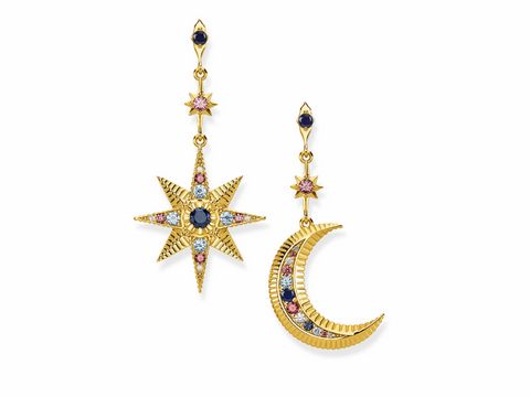 41611884-0 Ohrringe von Thomas Sabo aus der Glam & Soul Kollektion, mit einem funkelnden Stern und einem Halbmond, verziert mit bunten Zirkonia in goldfarbener Optik.
