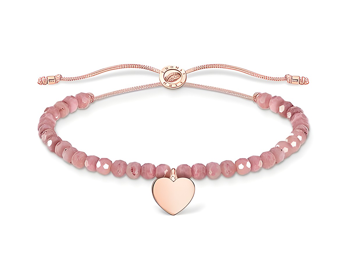 Armband von Thomas Sabo Charming Collection in Roségold und Silber mit herzförmigem Anhänger, verbunden durch rosa Nylon und Beads, größenverstellbar von 13 bis 20 cm.