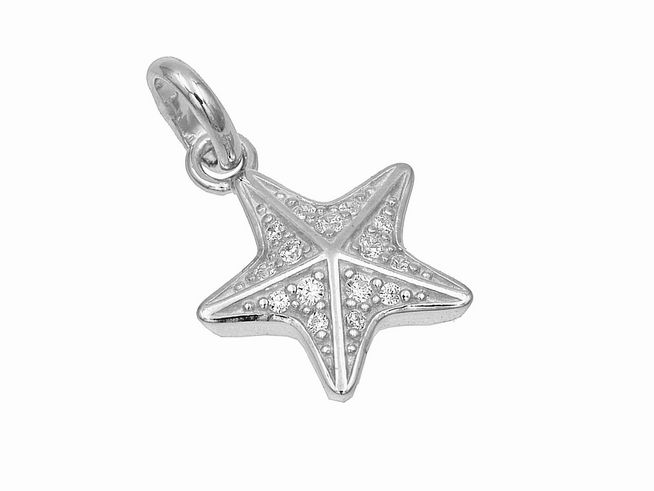 Anhänger Seestern aus rhodiniertem, poliertem Sterling Silber, verziert mit weißen Zirkonia, gefertigt von Juwelier Harnisch, ideal für Tierliebhaber.
