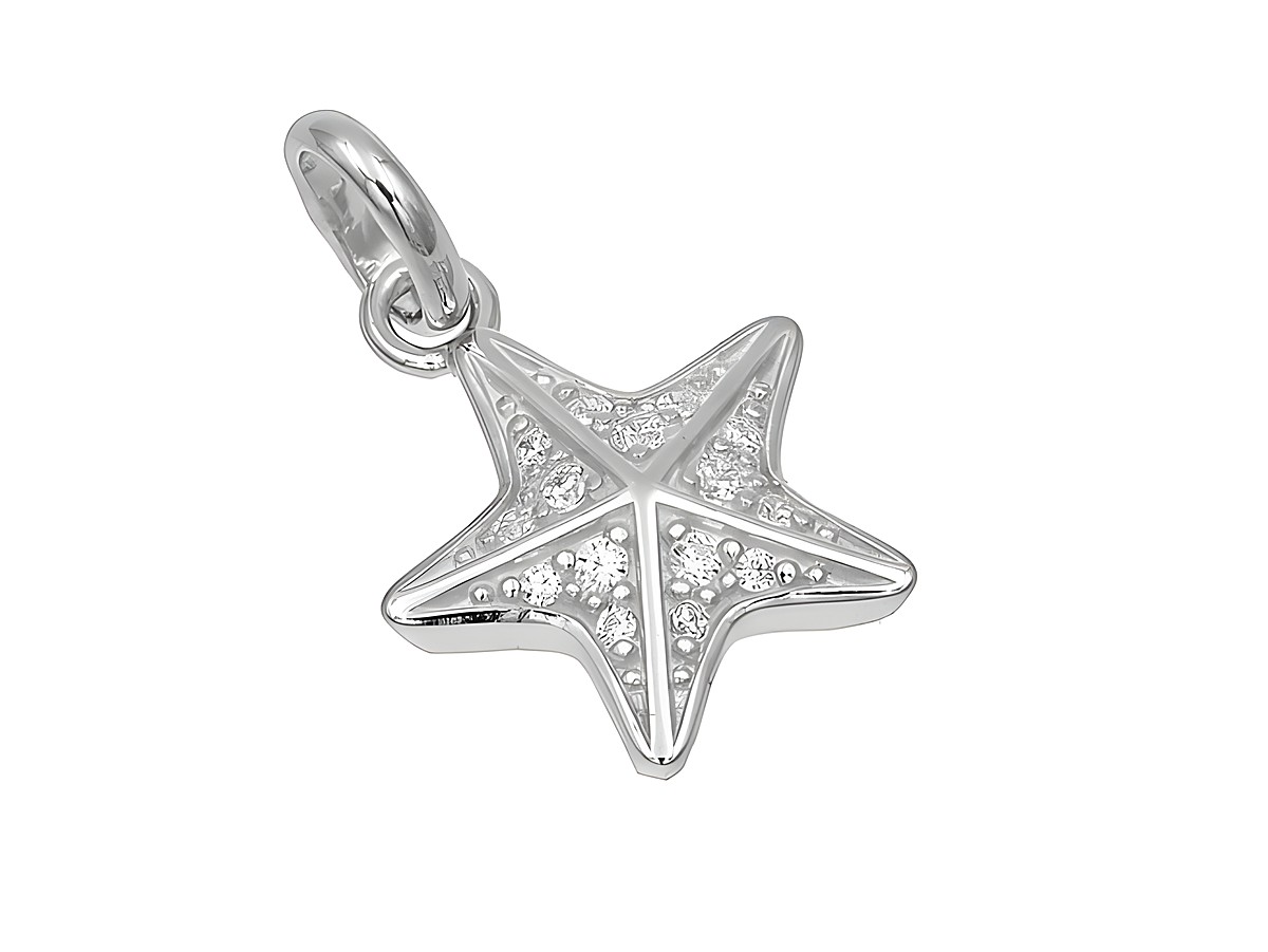 Anhänger Seestern aus rhodiniertem, poliertem Sterling Silber, verziert mit weißen Zirkonia, gefertigt von Juwelier Harnisch, ideal für Tierliebhaber.