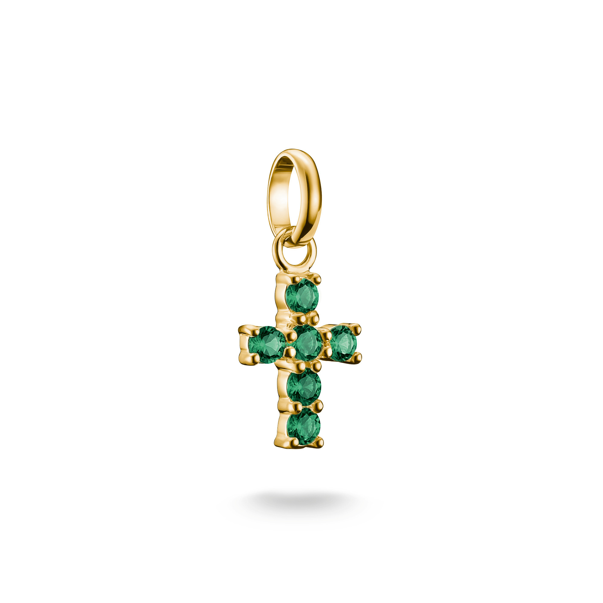 Charm Kreuz aus 18k Gelbgold Vergoldung mit grünen Nanokristallen und Öse von Thomas Sabo, ideal für individuelle Schmuckkreationen, Neuheit im Onlineshop.