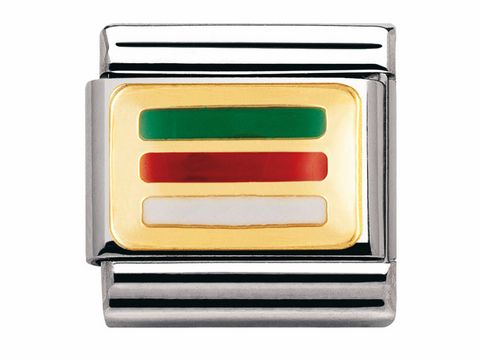 Ein elegantes Armbandglied von Nomination mit einer goldenen Oberfläche, das die Farben der Europäischen Flagge in Emaille zeigt. Ideal für eine stilvolle Ergänzung jeder Schmuckkollektion.
