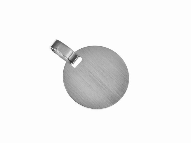 Rund Anhänger aus rhodiniertem Sterling Silber, mattiert, Durchmesser 1,4 cm, schlichtes Design, geeignet für persönliche Gravuren, Hersteller Juwelier Harnisch.