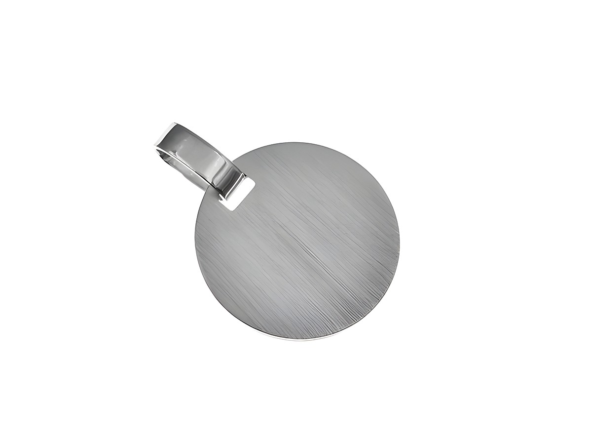 Rund Anhänger aus rhodiniertem Sterling Silber, mattiert, Durchmesser 1,4 cm, schlichtes Design, geeignet für persönliche Gravuren, Hersteller Juwelier Harnisch.