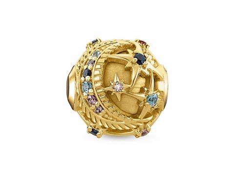 Schmuckstück von Thomas Sabo, Bead K0311-959-7, aus vergoldetem Material mit bunten Steinen, filigran gearbeitet, symbolisiert Karma und Individualität. Ideal für Armbänder.