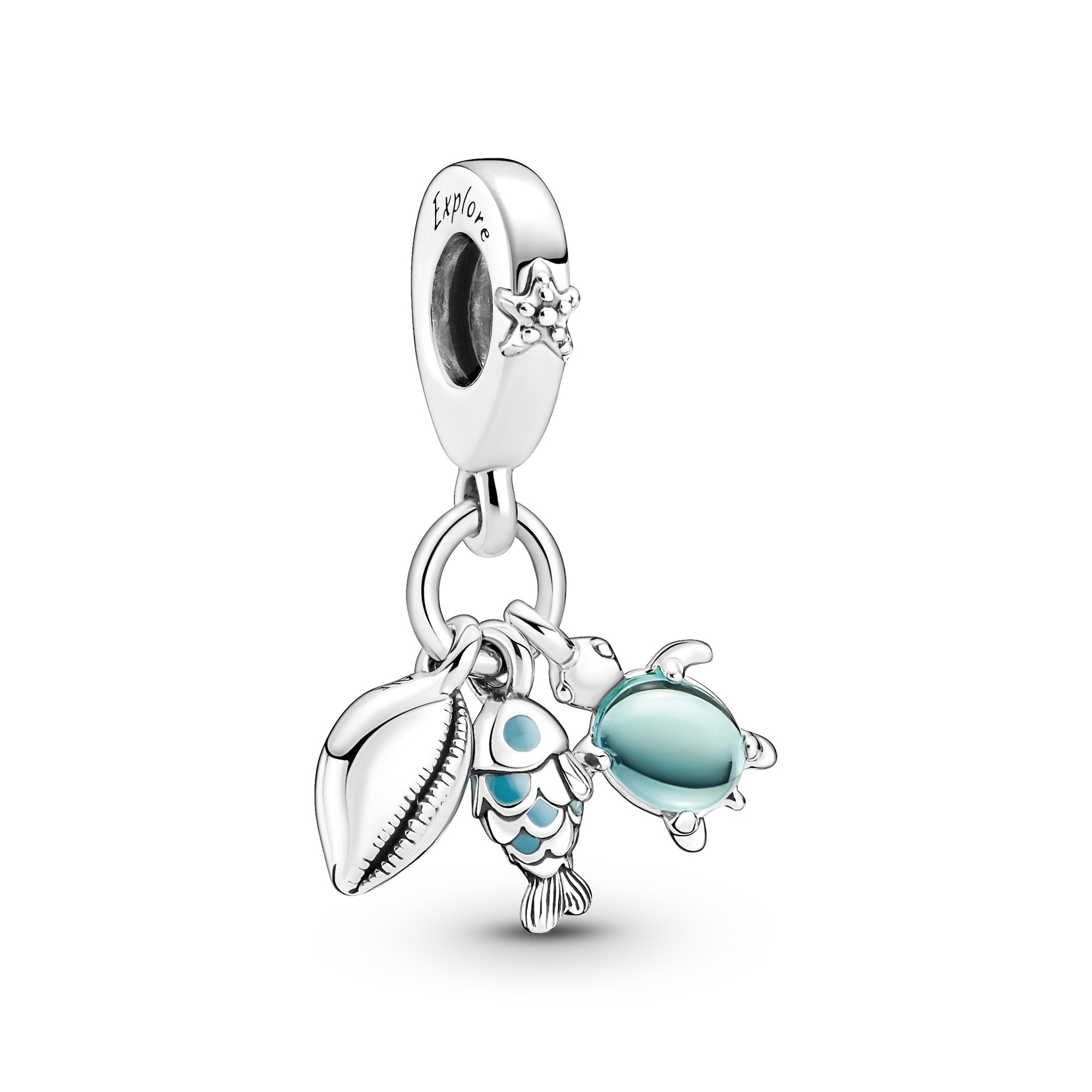 Pandora Fisch, Meeresschildkröte & Muschel Dreifacher Charm-Anhänger - Sterling Silber Turquoise