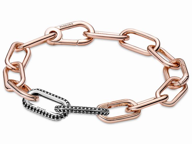Ein elegantes Armband aus Sterling Silber mit einer Kombination aus roségoldfarbenen und schwarzen Elementen, verziert mit Kristall, ideal für stilvolle Anlässe.