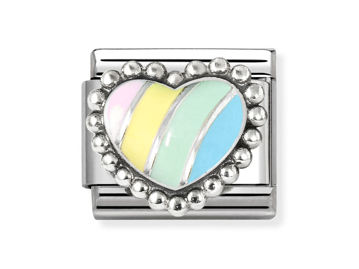 Ein gewölbtes Herz aus oxidiertem Sterling Silber mit buntem Emaille-Dekor in Pastellfarben, umgeben von einer Perlenstruktur. Hersteller ist Nomination, Artikel aus den Neuheiten.