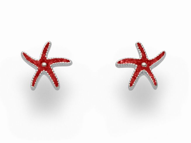 Zwei auffällige Ohrringe in Form von Seesternen aus Sterling Silber mit korallenroter Farbe, ideal für einen maritimen Look, gefertigt von DUR.