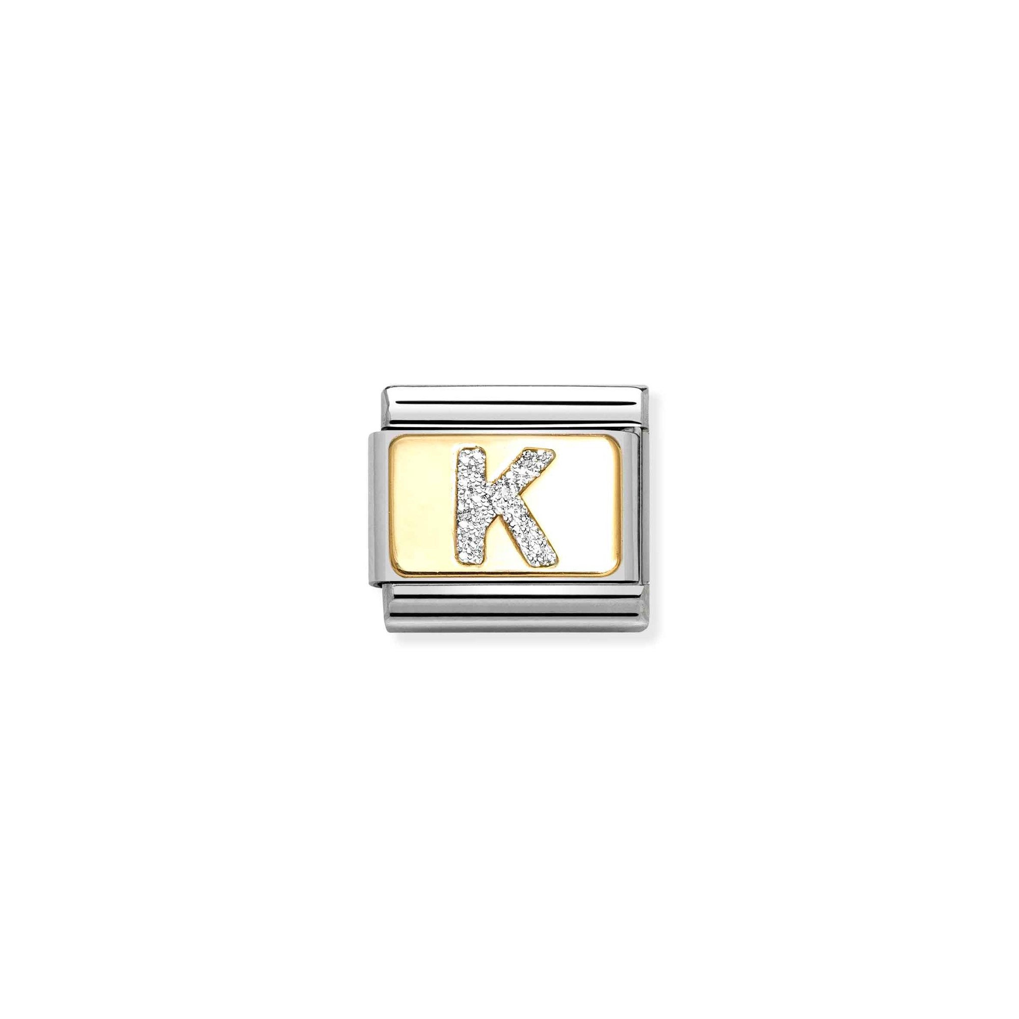 Nomination Composable Classic Charm Buchstabe K Silberglitzer - Edelstahl, Gold 750, Emaille