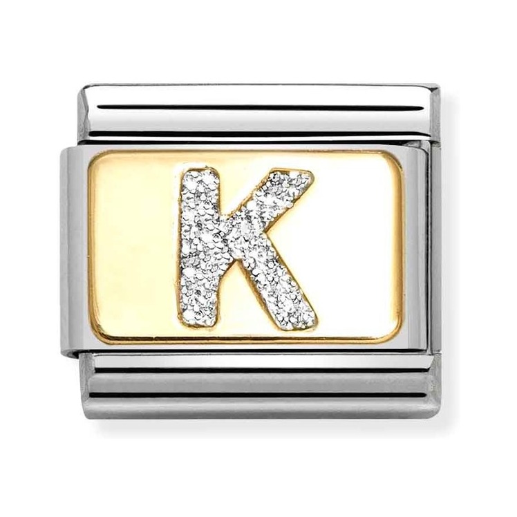 Nomination Composable Classic Charm Buchstabe K Silberglitzer - Edelstahl, Gold 750, Emaille
