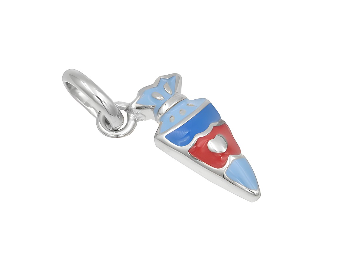 Silber Anhänger in Form einer Schultüte, poliert und rhodiniert, mit dunkelblauem, rotem und hellblauem Lack. Hersteller Juwelier Harnisch, ideal für besondere Anlässe.