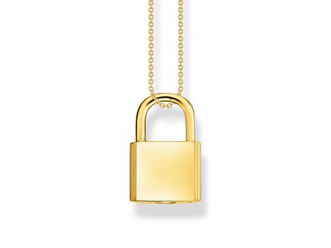 Eine Thomas Sabo Gravur Kette mit einem Vorhängeschloss Anhänger aus vergoldetem Silber, elegant und modern, ideal für einen persönlichen Schmuckstil, Länge 40 bis 45 cm.