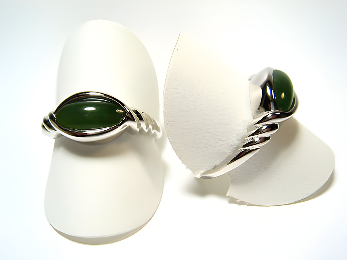 Silber Designer Ring rhodiniert mit grüner Jade, Hersteller Juwelier Harnisch, verstellbare Ringe, elegant präsentiert auf zwei Ringen.
