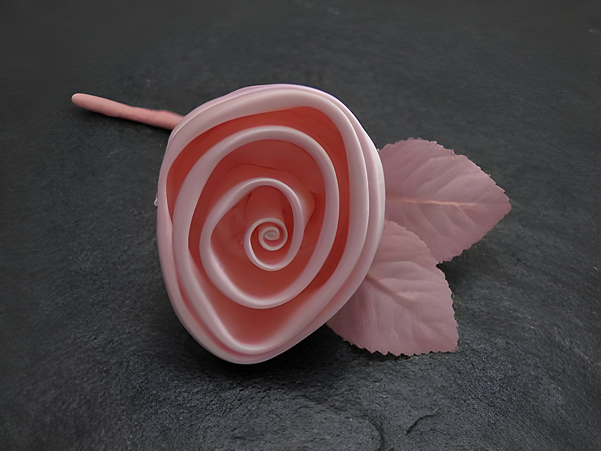 Zarter Haarschmuck in Form einer pastellrosa Satinrose mit Blatt, hergestellt von Juwelier Harnisch, ideal für eine elegante Frisur oder als Brosche.