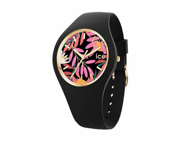 Ice-Watch ICE flower Colour leaves Medium 020514 zeigt eine stylische Armbanduhr mit einem schwarzen Armband und einem bunten Ziffernblatt, das florale Motive in lebendigen Farben präsentiert.