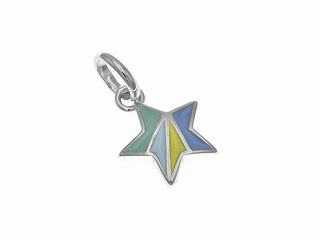 Ein polierter Anhänger aus Sterlingsilber in Form eines Sterns. Die Oberfläche zeigt Lack in Türkis, Blassblau, Gelb und Hellblau. Ideal für maritimen Schmuck. Hersteller: Juwelier Harnisch.