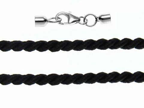 Kordel gedreht 19 cm in schwarz mit einem 3 mm silbernen Karabiner, hergestellt von Juwelier Harnisch, ideal für Schmuck oder Bastelprojekte, schlicht und elegant im Design.