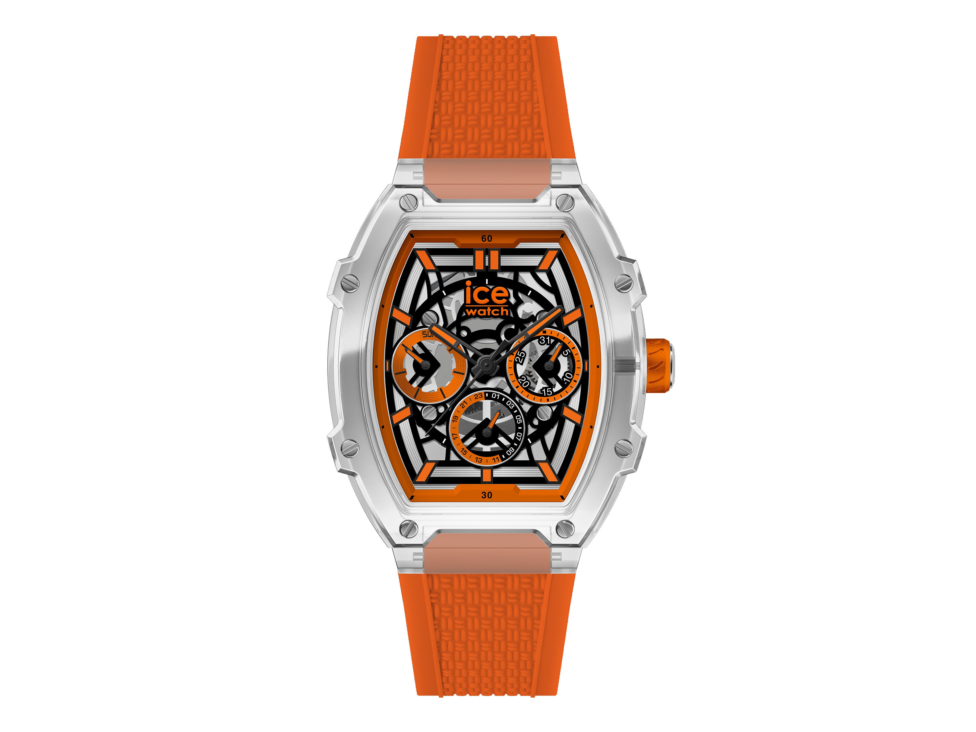 Die Ice Watch 024285 ICE boliday clear in klarorange präsentiert sich mit einem transparenten Gehäuse und einem auffälligen Ziffernblatt mit schwarzen und orangen Akzenten sowie einer sportlichen Silikonarmband.