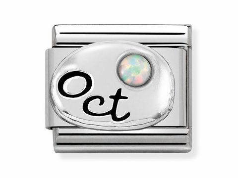 Silberner Anhänger von Nomination mit dem Monatsstein Opal für Oktober, graviert mit der Abkürzung Oct und einem schimmernden Stein. Ideal für Sternzeichenliebhaber.