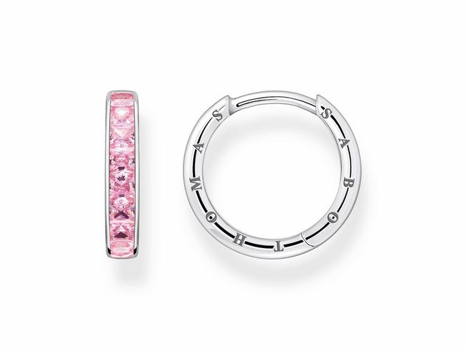 Creolen von Thomas Sabo aus Silber mit pinken Zirkonia, schlichte und elegante Form, ideal für einen stilvollen Look, modernes Design mit eingraviertem Logo.