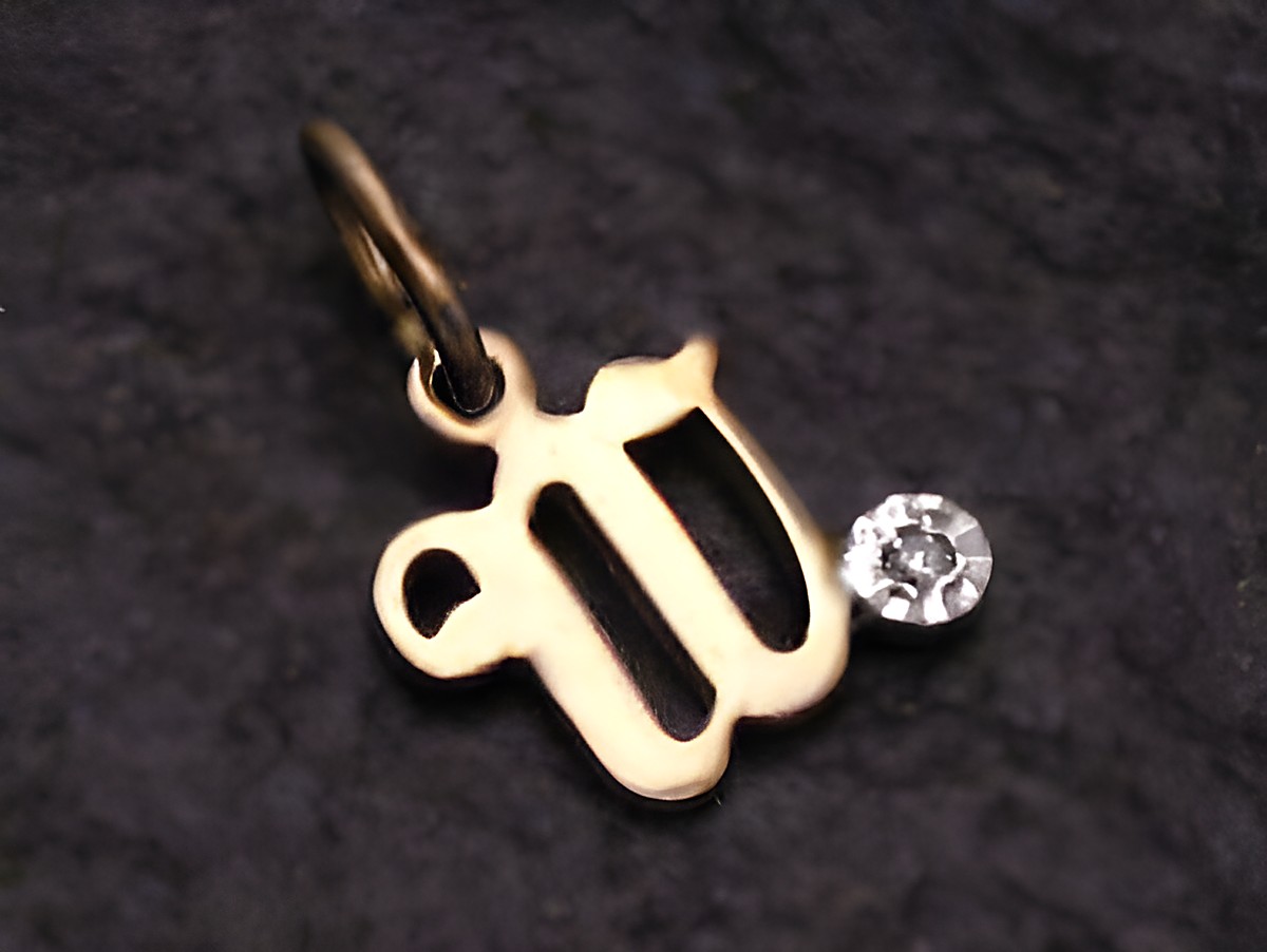 Buchstabenanhänger W aus Gold 333 mit einem kleinen Diamanten, hergestellt von Juwelier Harnisch, elegantes Design für individuellen Schmuck.