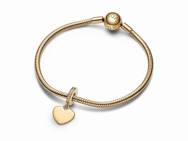 Pandora Charm Anhänger 768761C01 mit gravierbarem baumelndem Herz aus gelbgold vergoldetem Material und Zirkonia, Hersteller: Pandora, SHINE.