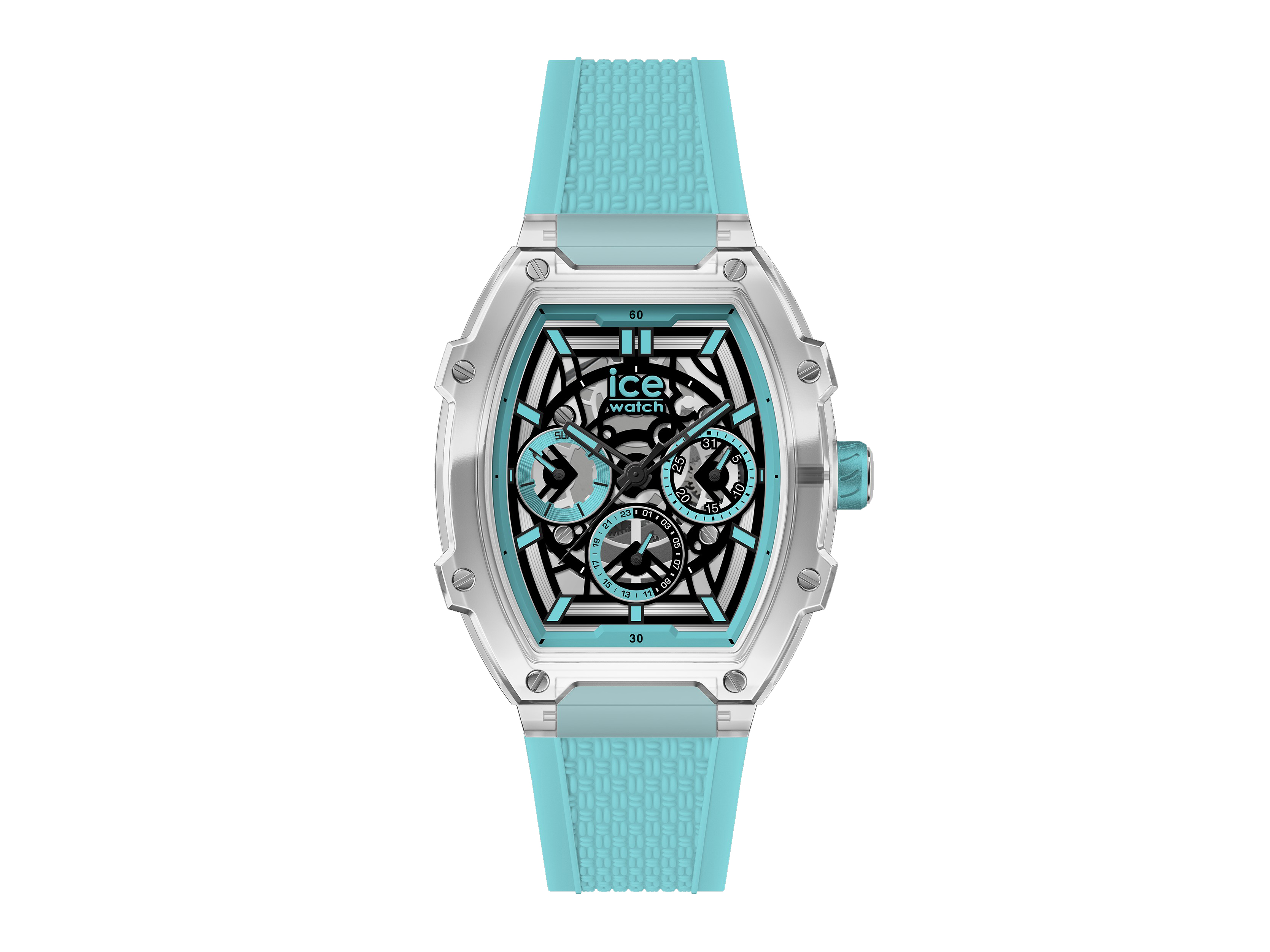Die Ice Watch 024287 ICE boliday clear in Türkis mit einem transparenten Gehäuse und einem blauen Skelettzifferblatt präsentiert ein modernes, sportliches Design und ist ideal für Aktive.