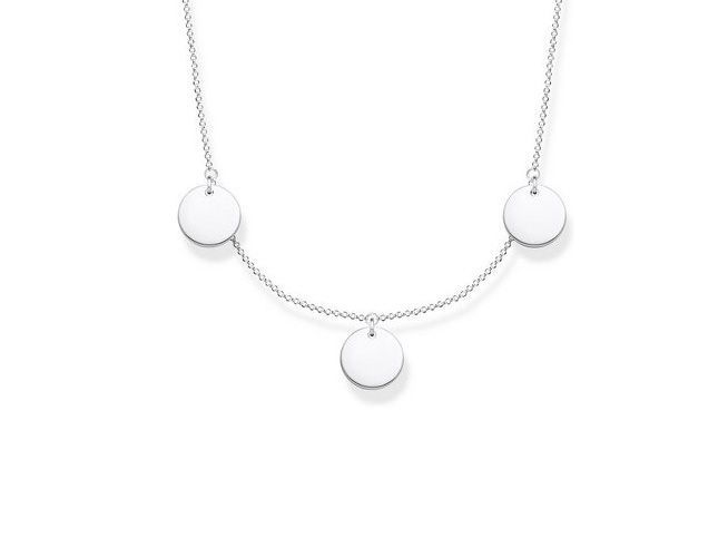 Silberne Kette von Thomas Sabo mit drei runden Anhängern, verstellbar von 40 bis 45 cm, elegantes Design, ideal für tägliche oder besondere Anlässe.