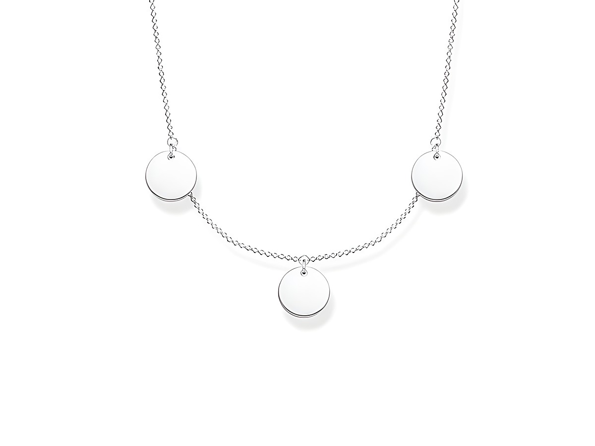Silberne Kette von Thomas Sabo mit drei runden Anhängern, verstellbar von 40 bis 45 cm, elegantes Design, ideal für tägliche oder besondere Anlässe.