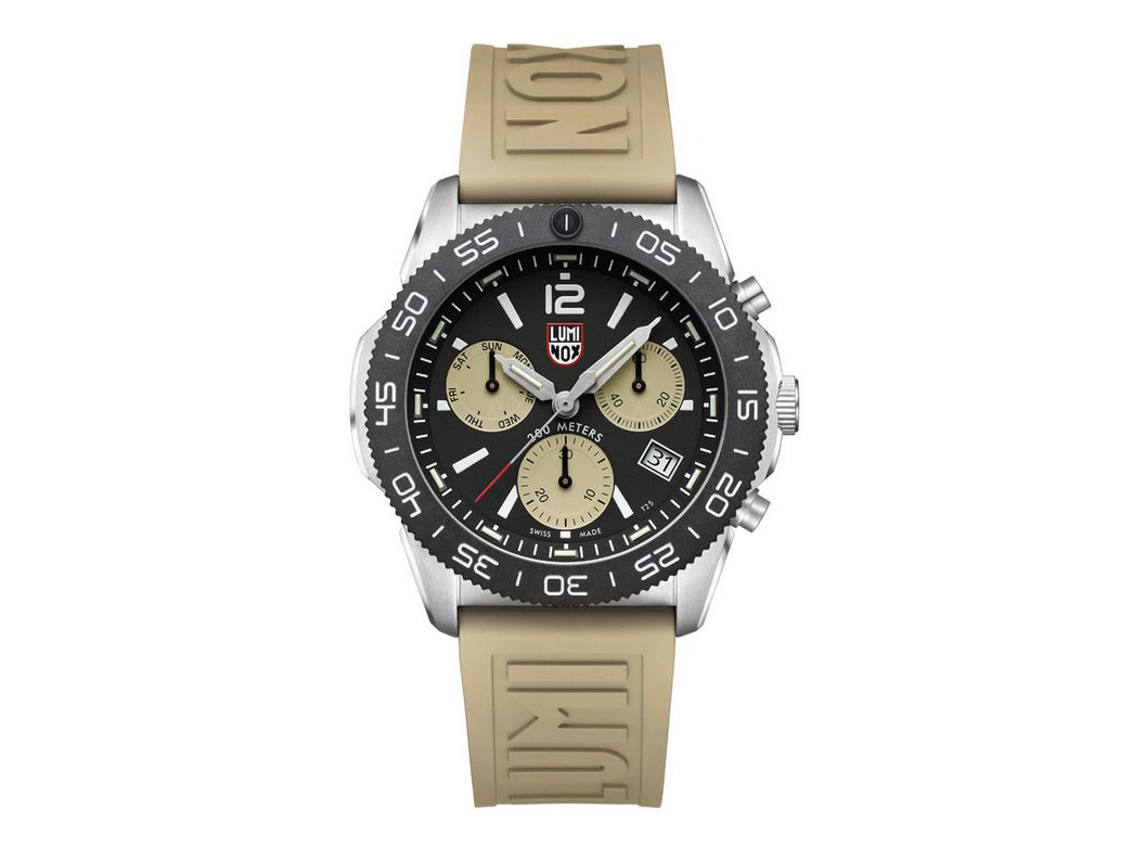 Luminox Uhr SET XS.3150.SET - Sea - Beige - 44 mm inkl. Ersatzband, mit schwarzem Zifferblatt, Chronographenfunktion und robustem, beigem Silikonarmband. Ideal für Abenteuer und Wassersport.