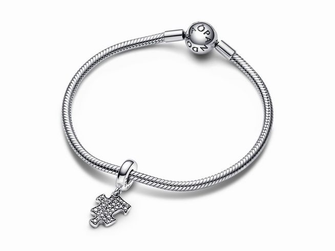 Ein eleganter Pandora Charm-Anhänger in Form eines Puzzlestücks aus Sterling Silber mit klaren Zirkonia, befestigt an einem silbernen Armband.