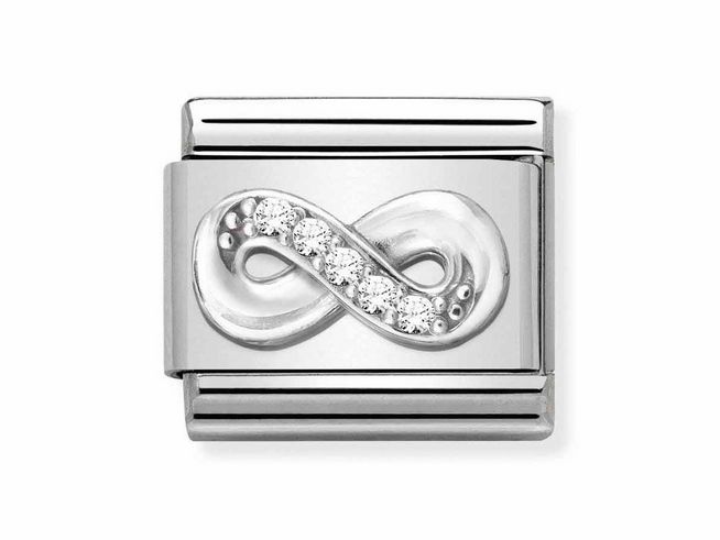 Edelstahlanhänger mit Zirkonia, gestaltet als Unendlichzeichen, glänzende Oberfläche und edles Design von Nomination, ideal für eine stilvolle Schmuckkollektion.