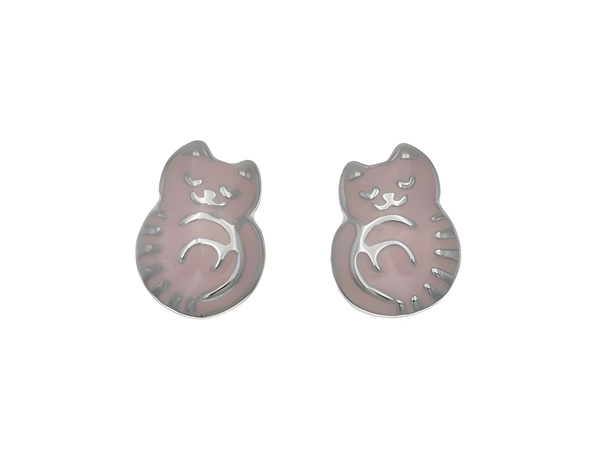 Ohrstecker aus Sterling Silber in Katzenform, poliert und rhodiniert mit hellrosa Lack, geeignet für Kinder, hergestellt von Juwelier Harnisch.