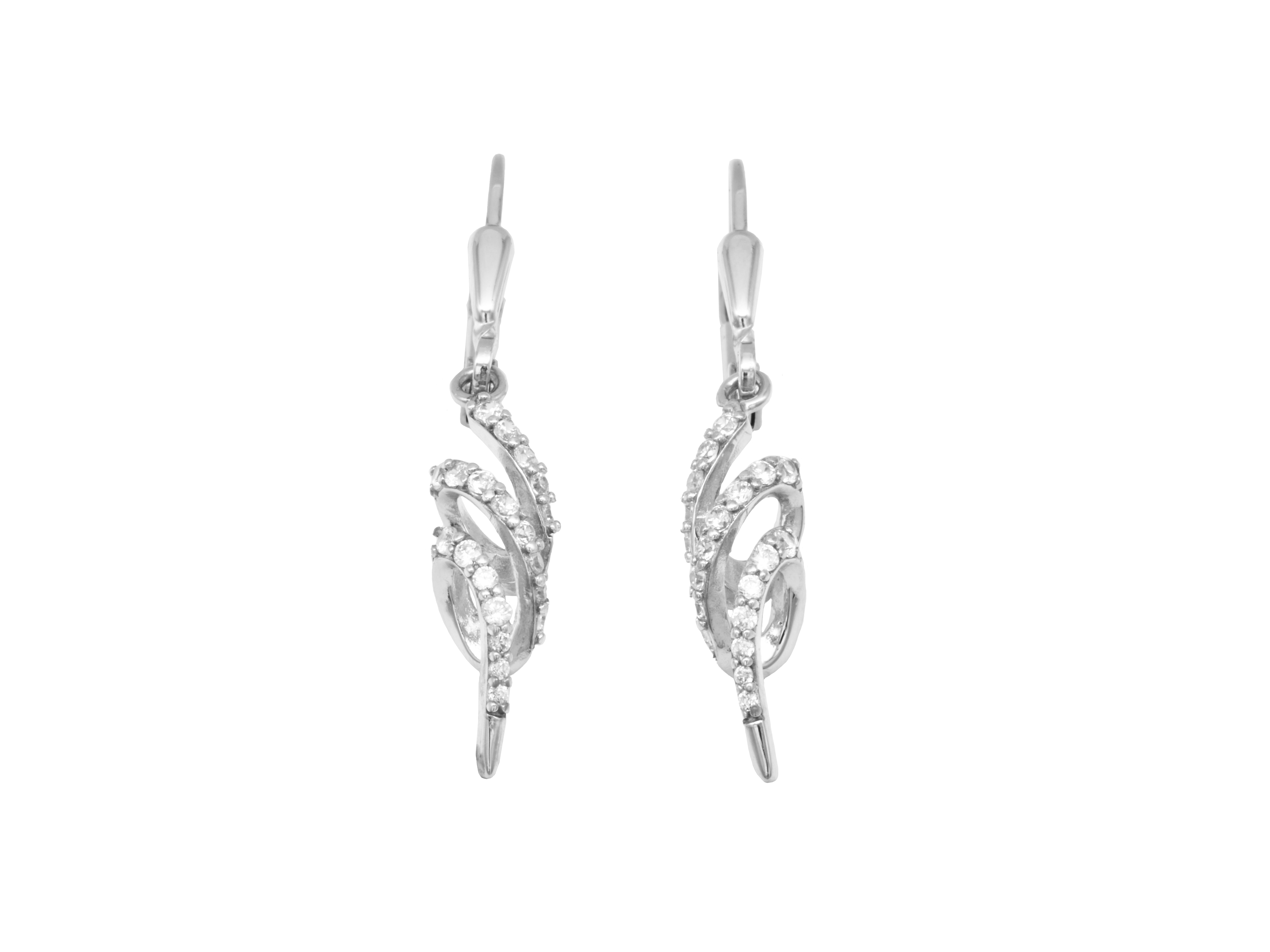 Zierliche Ohrhänger aus Sterling Silber 925 mit rhodinierter polierter Oberfläche und funkelndem Zirkonia, elegant und grazil in einem geschwungenen Design. Herstellermarke Juwelier Harnisch.