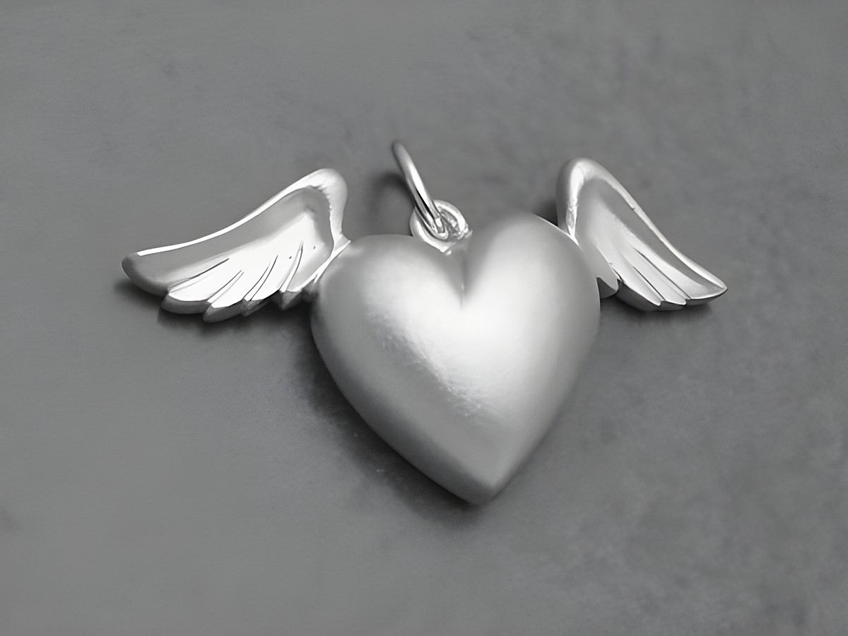 Herz mit Flügeln aus rhodiniertem Sterling Silber, plastisch gestaltet, Hersteller Juwelier Harnisch, ideal als Anhänger für Schmuckstücke.