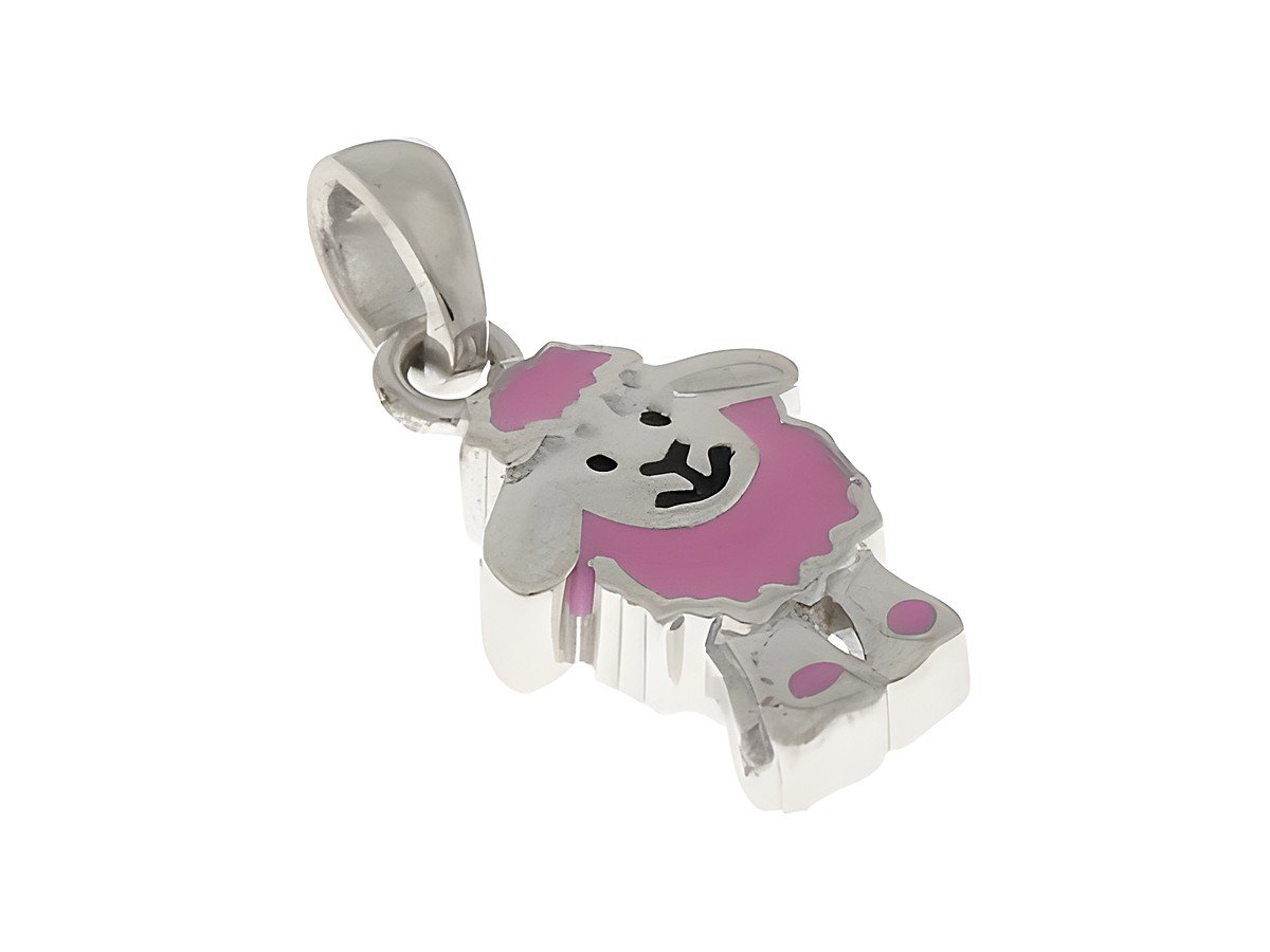 Ein silber rhodinierter Anhänger in Schaf-Form mit pinkem Lack. Das niedliche tierische Design stammt vom Juwelier Harnisch und eignet sich perfekt als charmantes Schmuckstück.