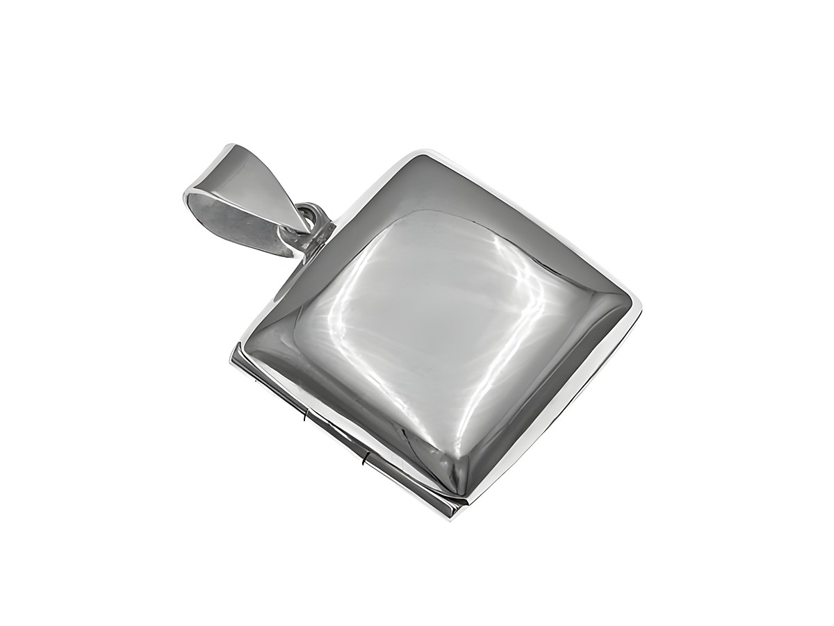 Medaillon Quadrat aus Silber, schlicht und elegant, Hersteller Juwelier Harnisch, eckige Form, ideal zum Tragen als persönliches Schmuckstück oder Geschenk.