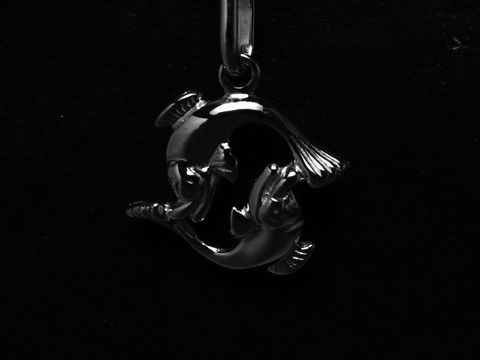 Zwei stilisierte Fische in rhodiniertem 925 Sterling Silber, verbunden in einer kreisförmigen Bewegung, symbolisieren das Sternzeichen Fische. Design von Juwelier Harnisch.
