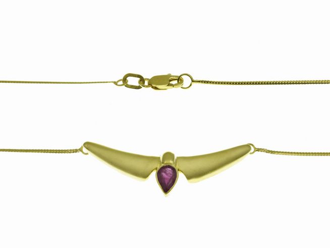 Elegantes Mittelteilcollier aus Gelbgold 333 mit Rubin und Diamant, 42 cm lang, von Juwelier Harnisch. Das Design ist schlicht und stilvoll, ideal für besondere Anlässe.